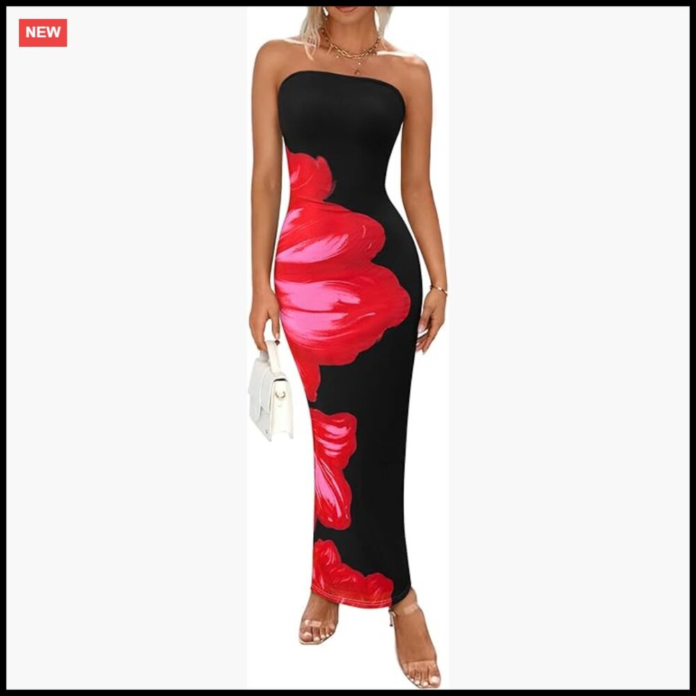 Strapless Bodycon Maxi Dress Floral Mesh Formal Elegant Wedding Guest